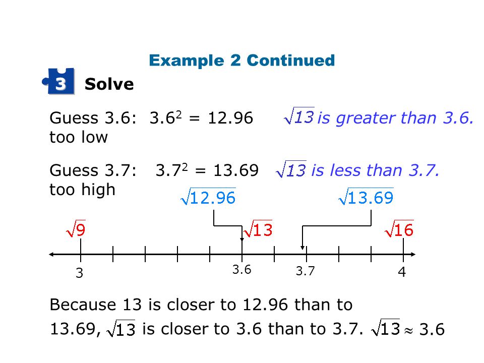Example 2 Continued Solve 3 Guess 3.6: 3.62 = too low