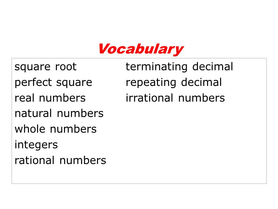 Vocabulary square root terminating decimal
