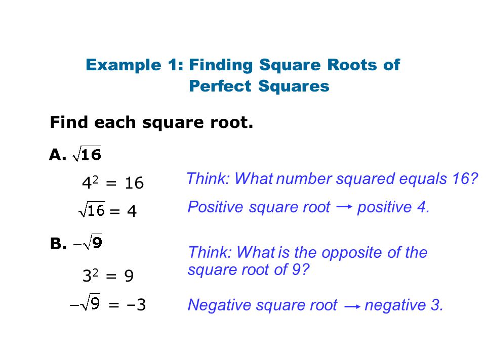 Example 1: Finding Square Roots of