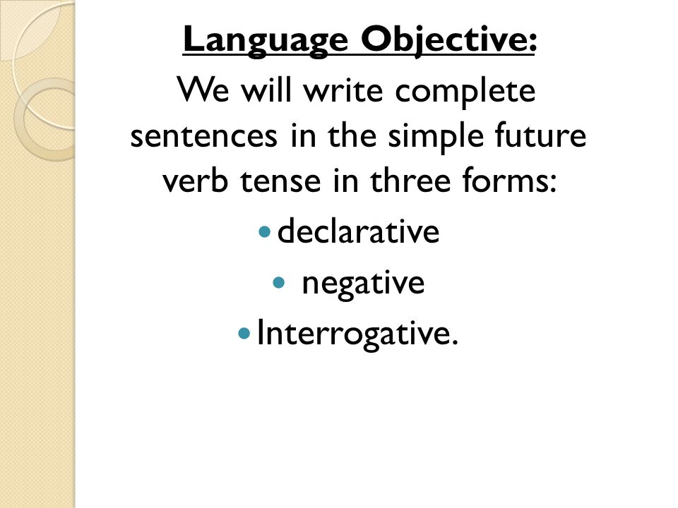 Language Objective: We will write complete sentences in the simple future verb tense in three forms: