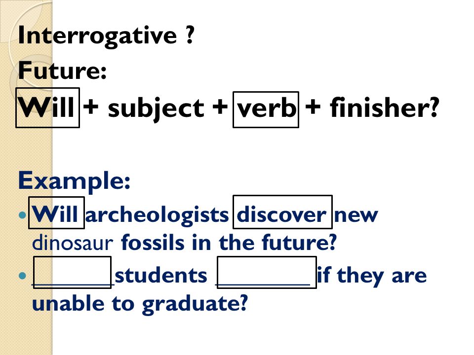 Will + subject + verb + finisher