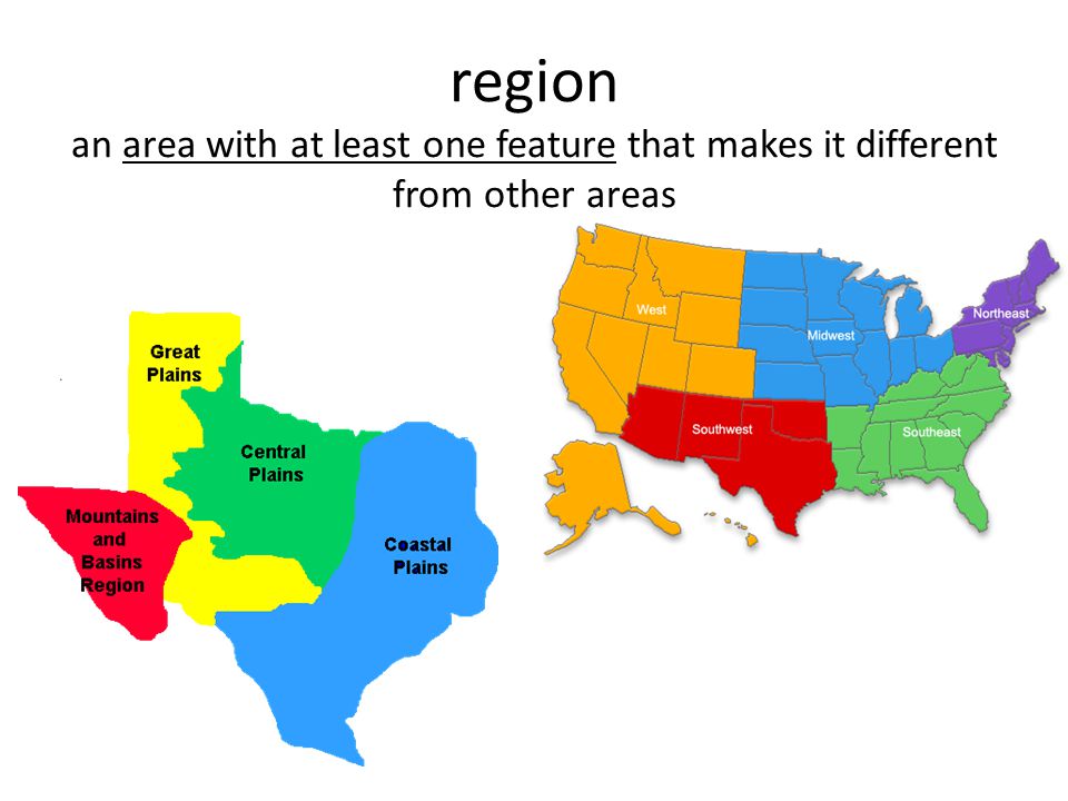 region an area with at least one feature that makes it different from other areas