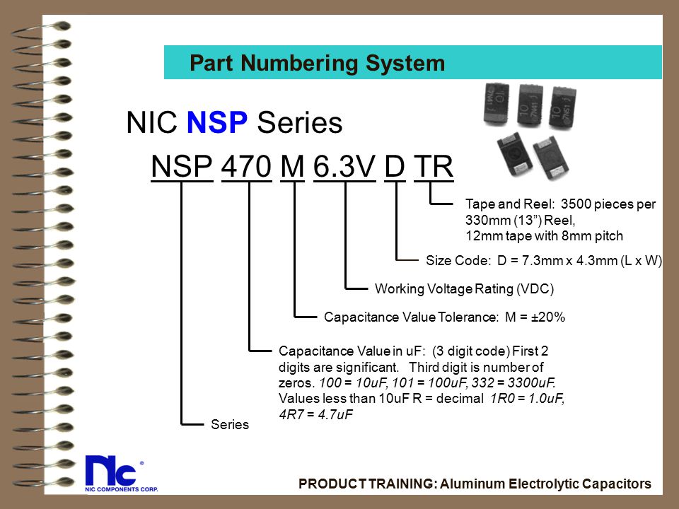NIC NSP Series NSP 470 M 6.3V D TR Part Numbering System
