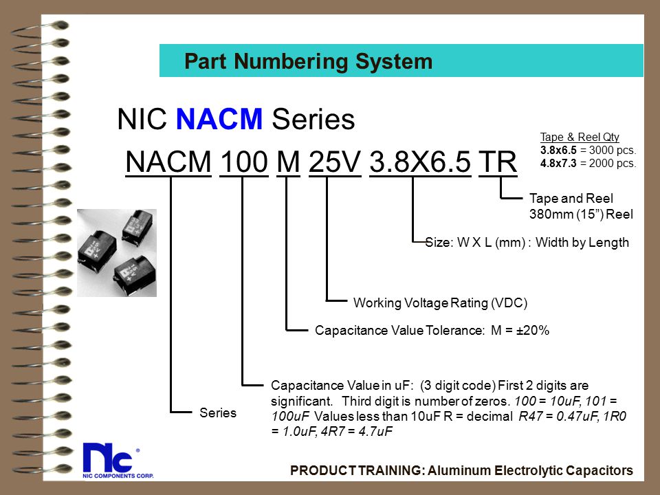 NIC NACM Series NACM 100 M 25V 3.8X6.5 TR Part Numbering System