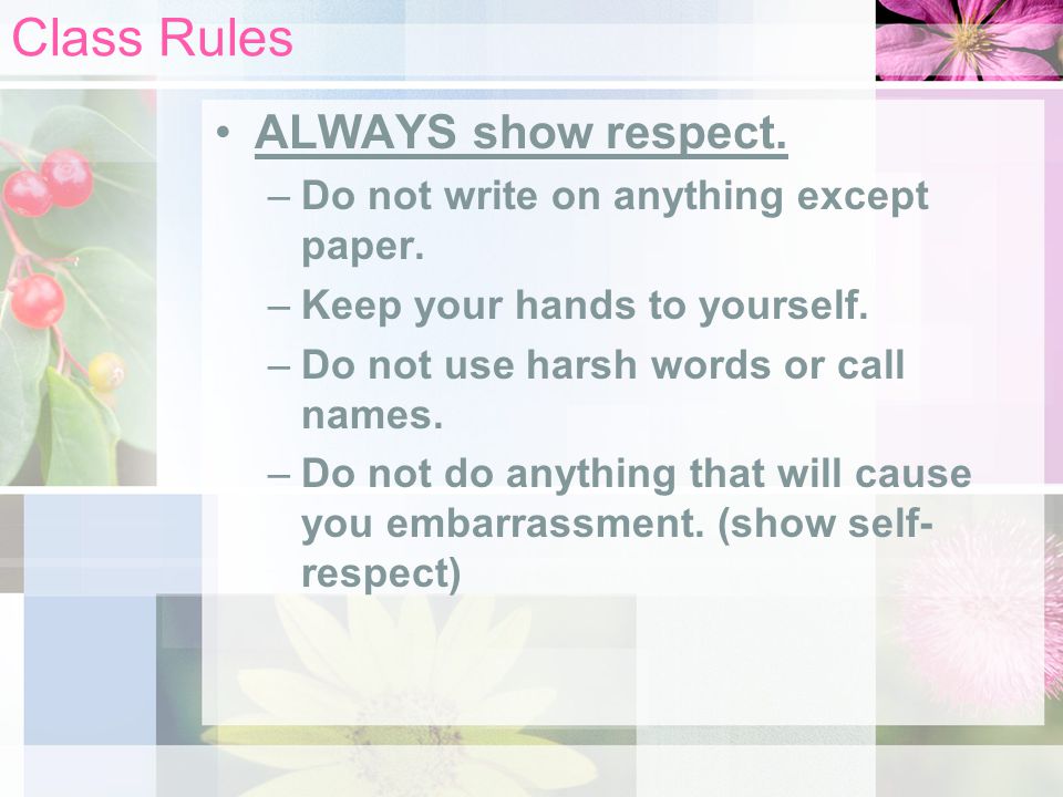 Class Rules ALWAYS show respect.