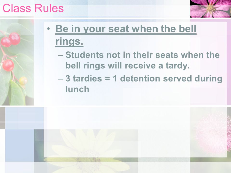 Class Rules Be in your seat when the bell rings.