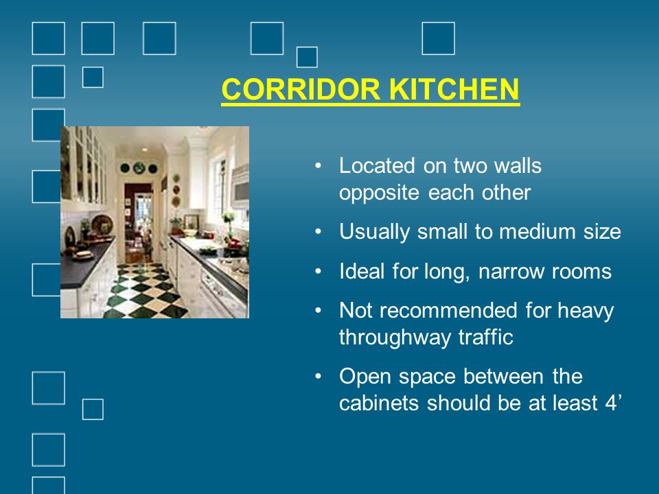 CORRIDOR KITCHEN Located on two walls opposite each other