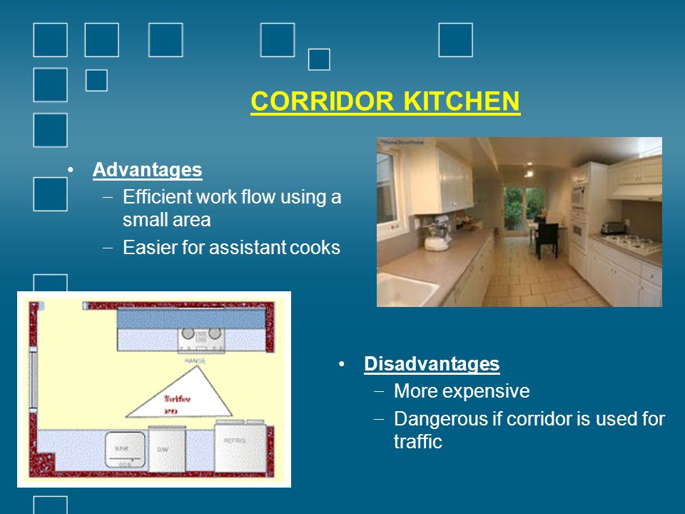 CORRIDOR KITCHEN Advantages Efficient work flow using a small area