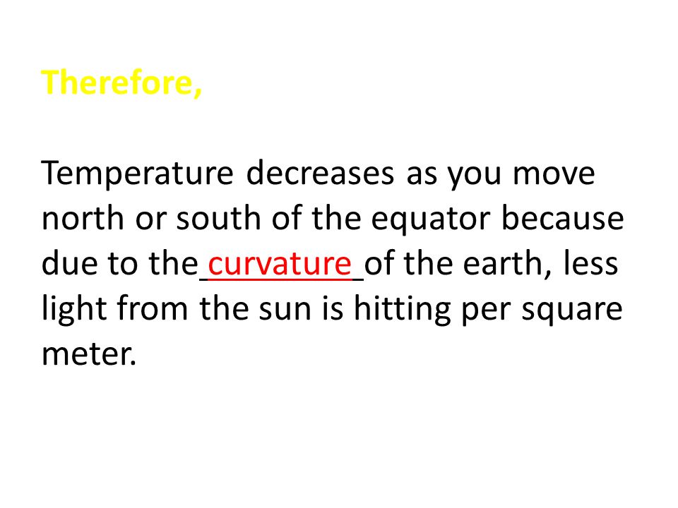 Therefore, Temperature decreases as you move north or south of the equator because due to the curvature of the earth, less light from the sun is hitting per square meter.
