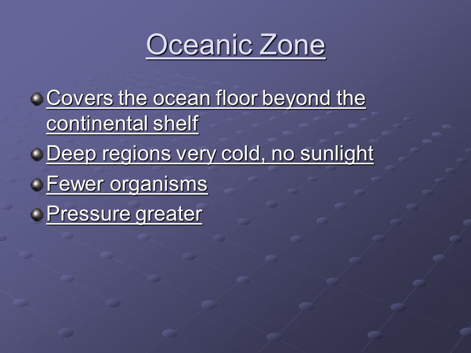Oceanic Zone Covers the ocean floor beyond the continental shelf