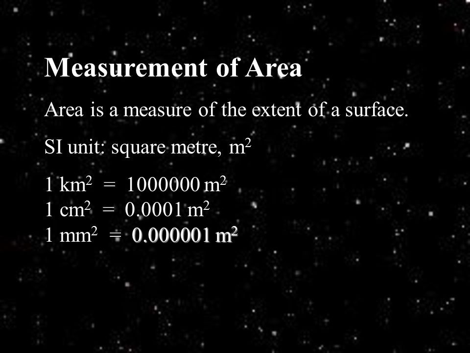 Measurement of Area Area is a measure of the extent of a surface.