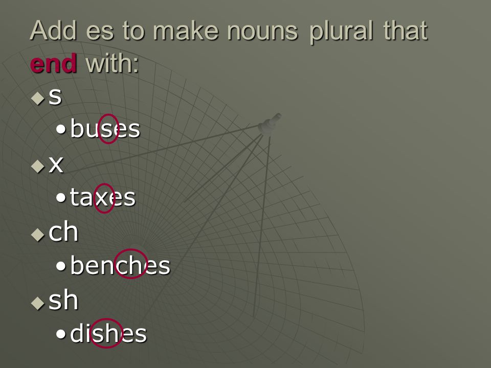 Add es to make nouns plural that end with: