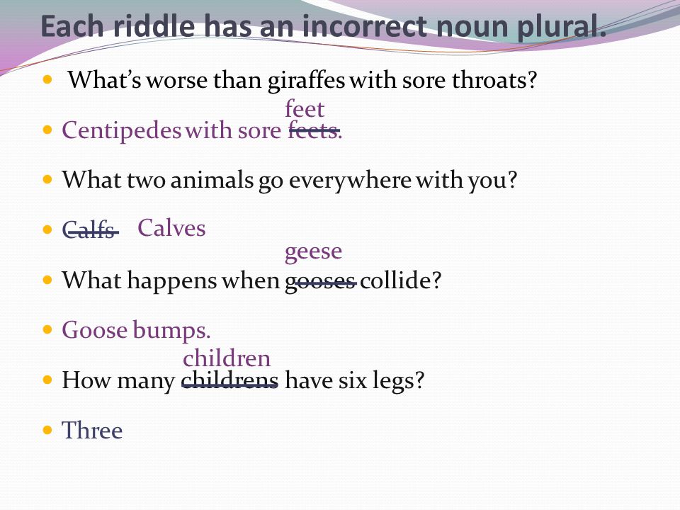 Each riddle has an incorrect noun plural.