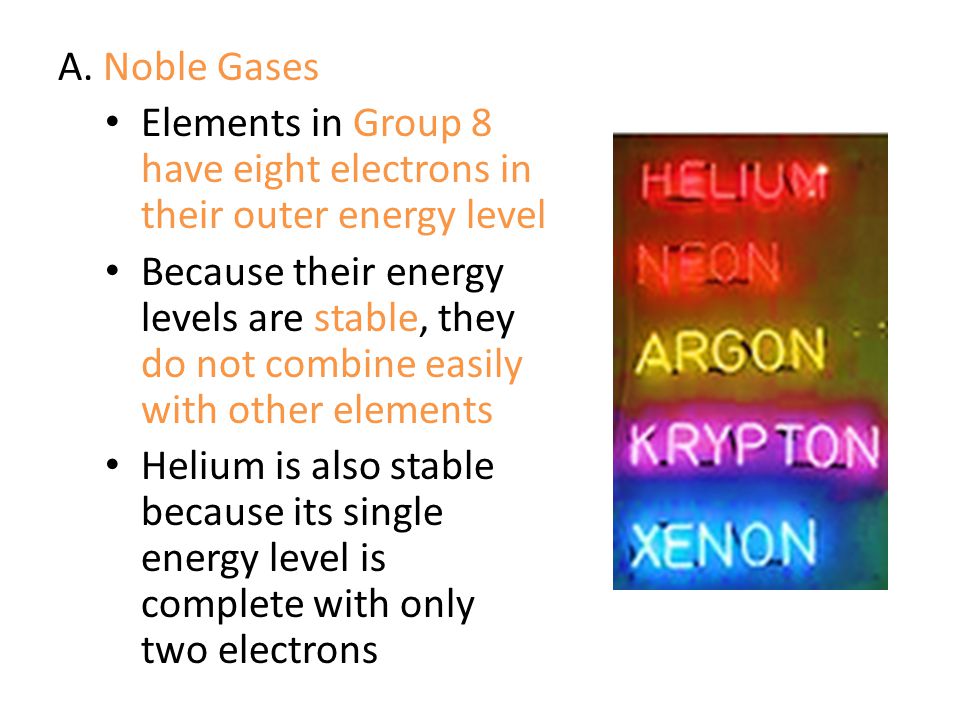 A. Noble Gases Elements in Group 8 have eight electrons in their outer energy level.