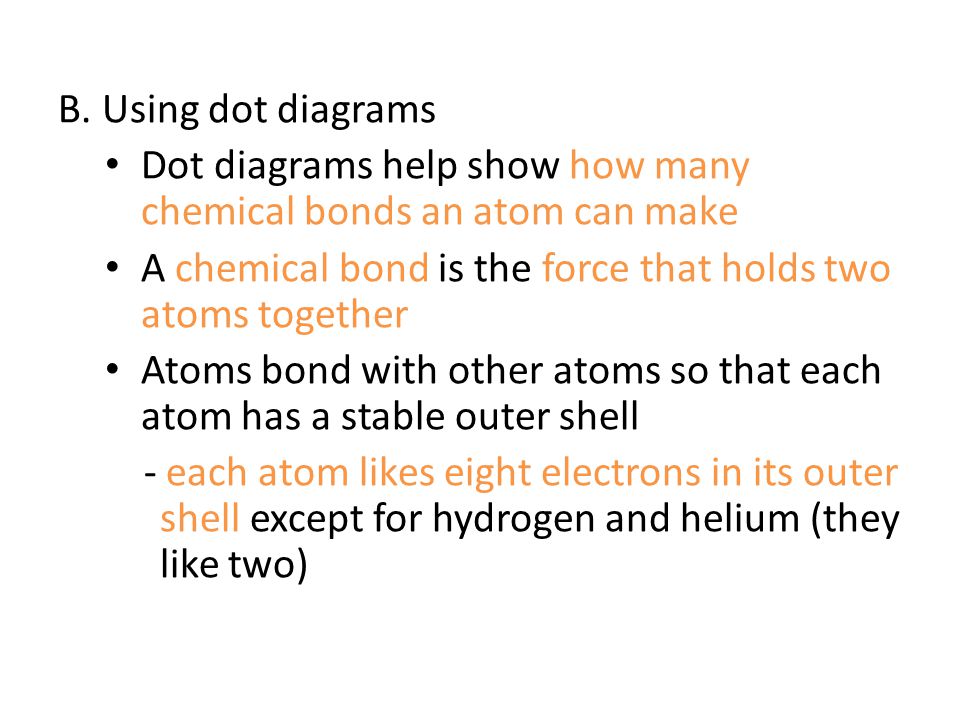 B. Using dot diagrams Dot diagrams help show how many chemical bonds an atom can make. A chemical bond is the force that holds two atoms together.