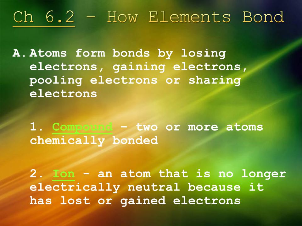 Ch 6.2 – How Elements Bond Atoms form bonds by losing electrons, gaining electrons, pooling electrons or sharing electrons.