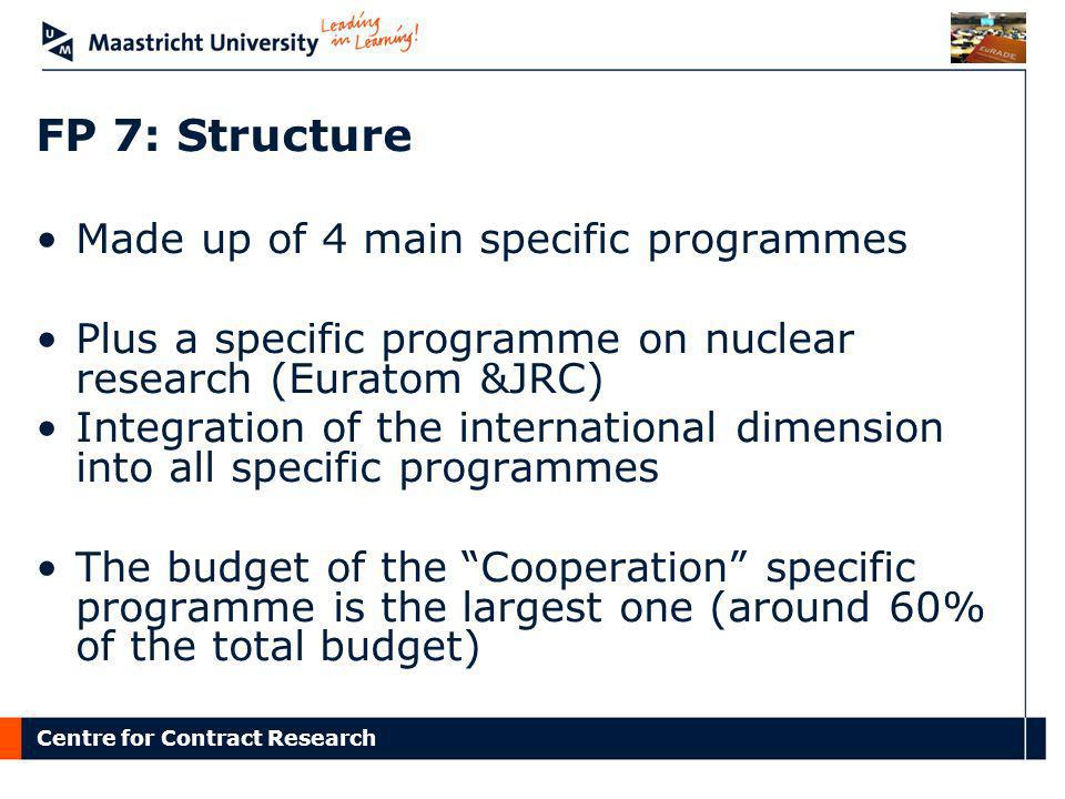 FP 7: Structure Made up of 4 main specific programmes