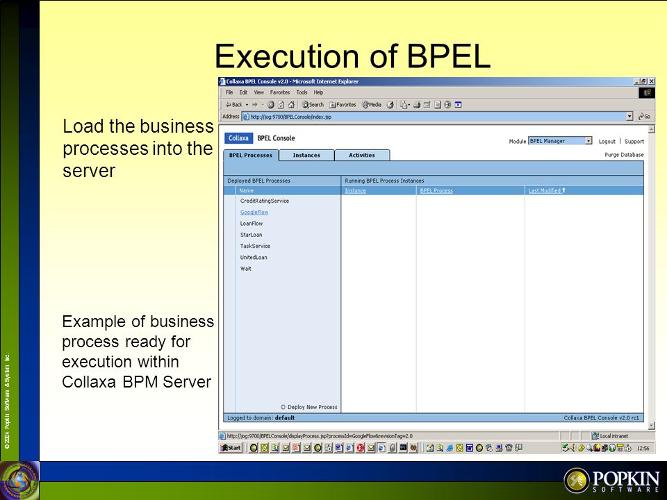 Execution of BPEL Load the business processes into the server