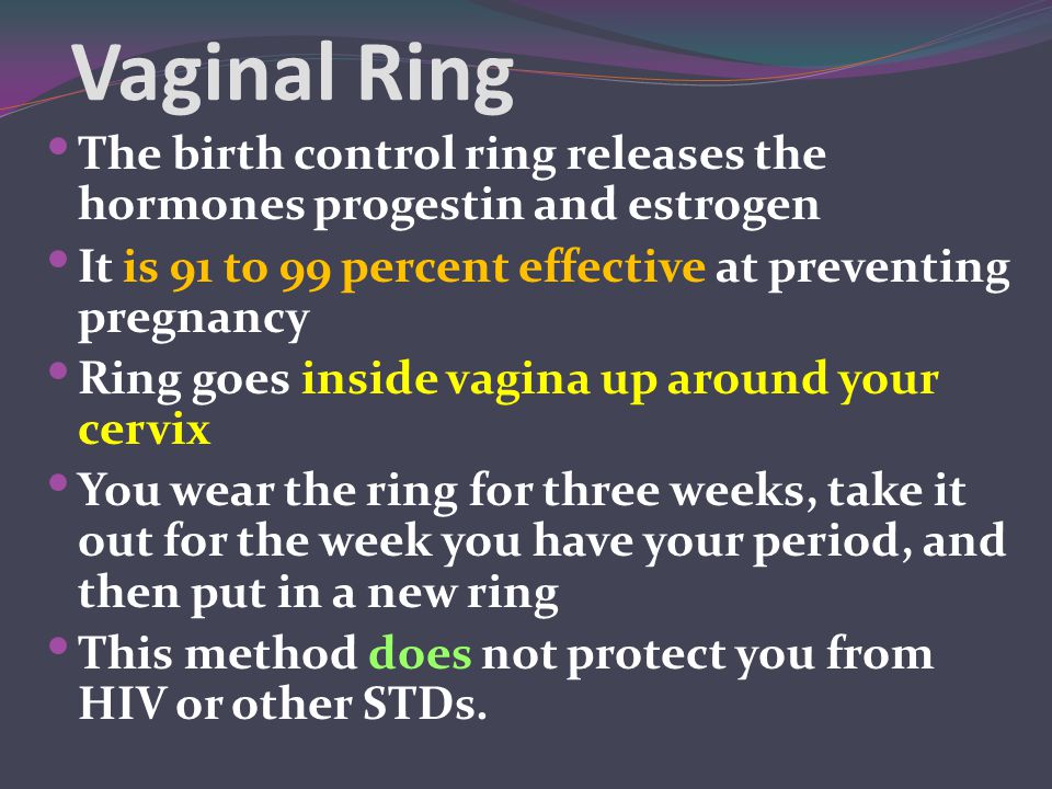 Vaginal Ring The birth control ring releases the hormones progestin and estrogen. It is 91 to 99 percent effective at preventing pregnancy.