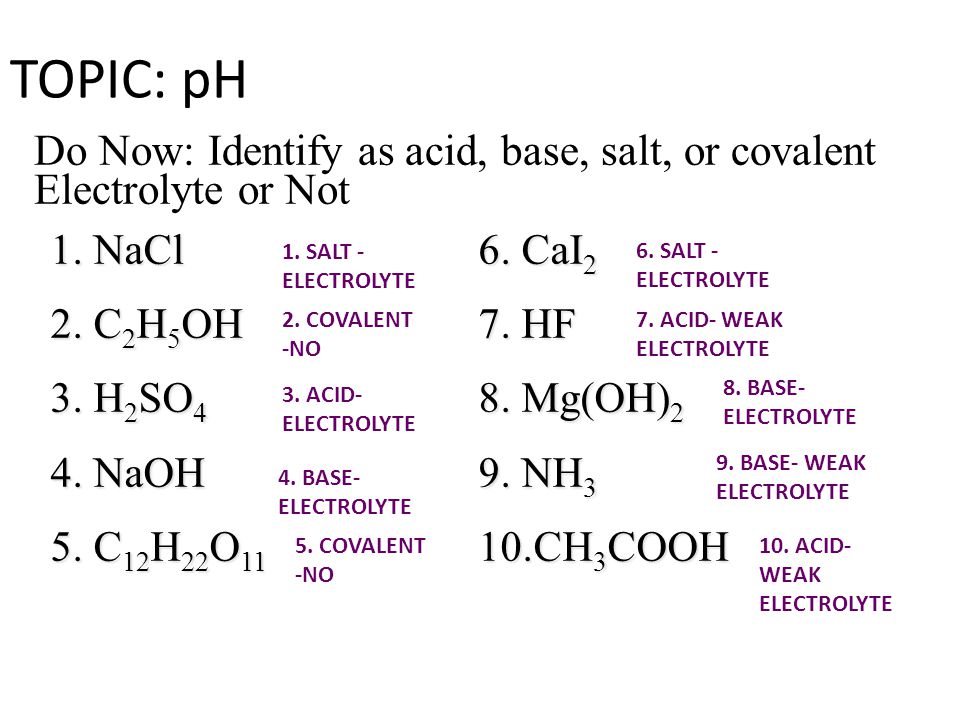 TOPIC: pH Do Now: Identify as acid, base, salt, or covalent Electrolyte or Not. 1. NaCl. 6. CaI2.