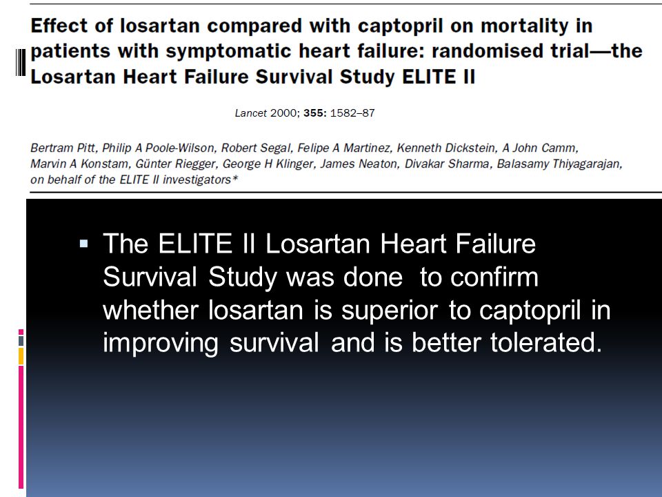 The ELITE II Losartan Heart Failure Survival Study was done to confirm whether losartan is superior to captopril in improving survival and is better tolerated.