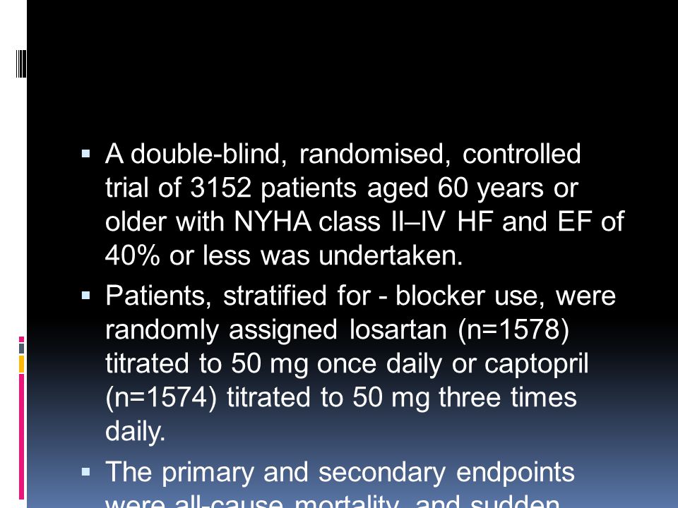 A double-blind, randomised, controlled trial of 3152 patients aged 60 years or older with NYHA class II–IV HF and EF of 40% or less was undertaken.