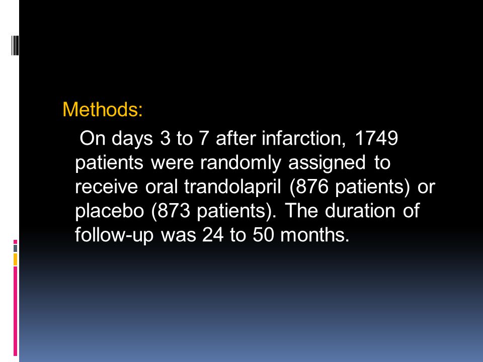 Methods: On days 3 to 7 after infarction, 1749 patients were randomly assigned to receive oral trandolapril (876 patients) or placebo (873 patients).