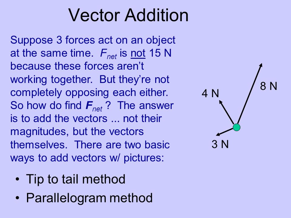 Vector Addition Tip to tail method Parallelogram method 8 N 4 N 3 N