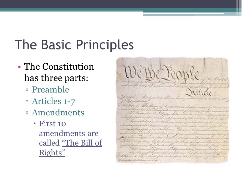 The Basic Principles The Constitution has three parts: Preamble