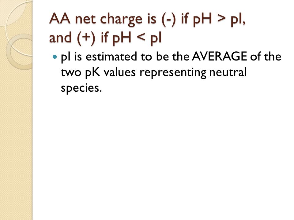 AA net charge is (-) if pH > pI, and (+) if pH < pI