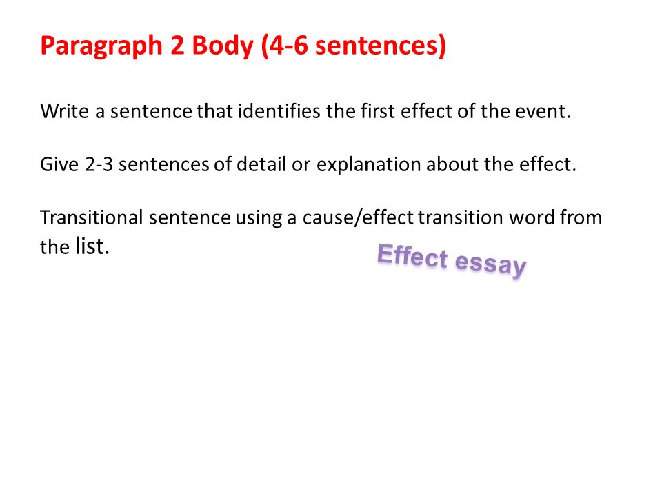 Paragraph 2 Body (4-6 sentences) Write a sentence that identifies the first effect of the event. Give 2-3 sentences of detail or explanation about the effect. Transitional sentence using a cause/effect transition word from the list.