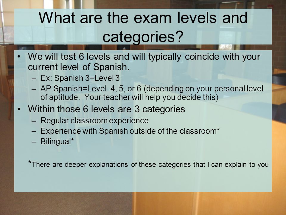 What are the exam levels and categories