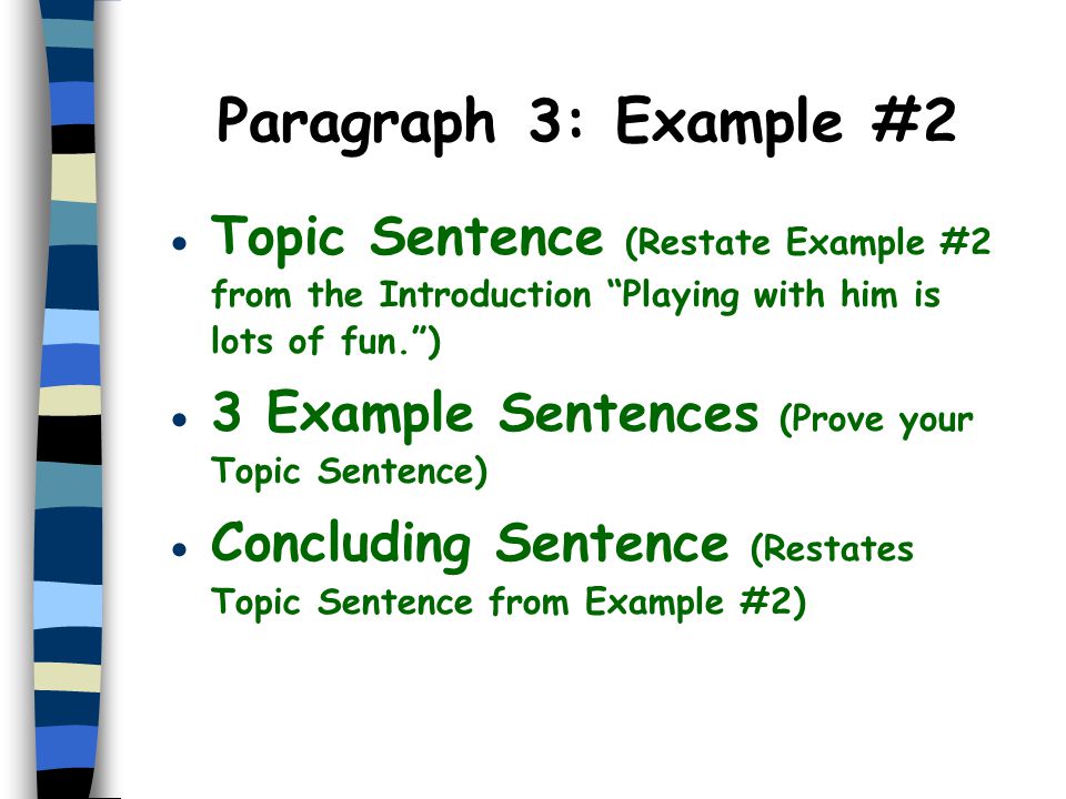 Paragraph 3: Example #2 Topic Sentence (Restate Example #2 from the Introduction Playing with him is lots of fun. )