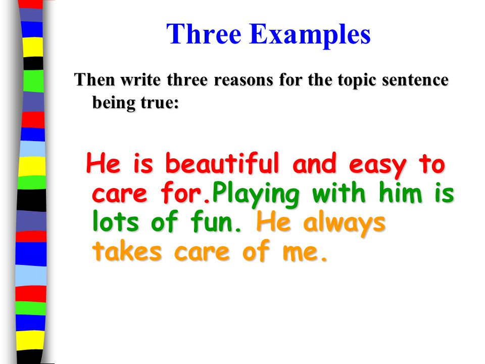 Three Examples Then write three reasons for the topic sentence being true: