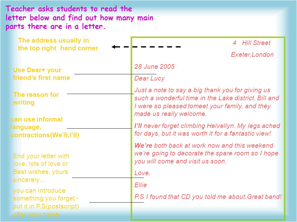 Teacher asks students to read the letter below and find out how many main parts there are in a letter.