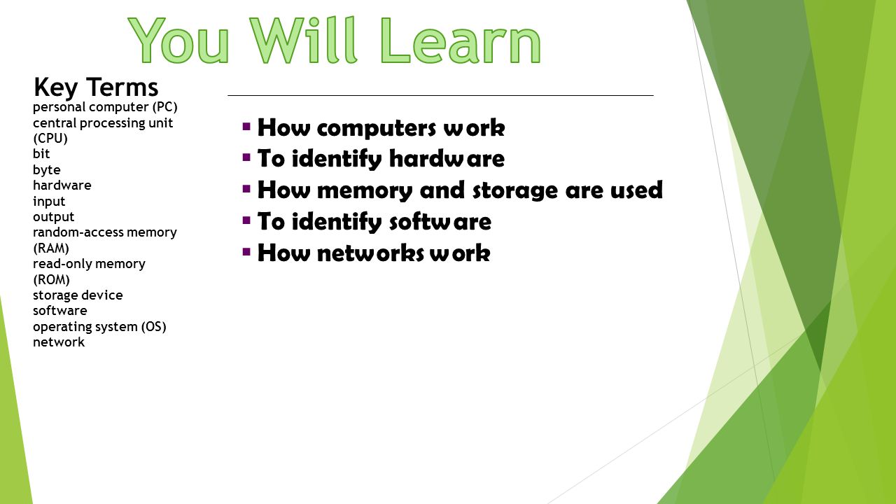 You Will Learn Key Terms How computers work To identify hardware