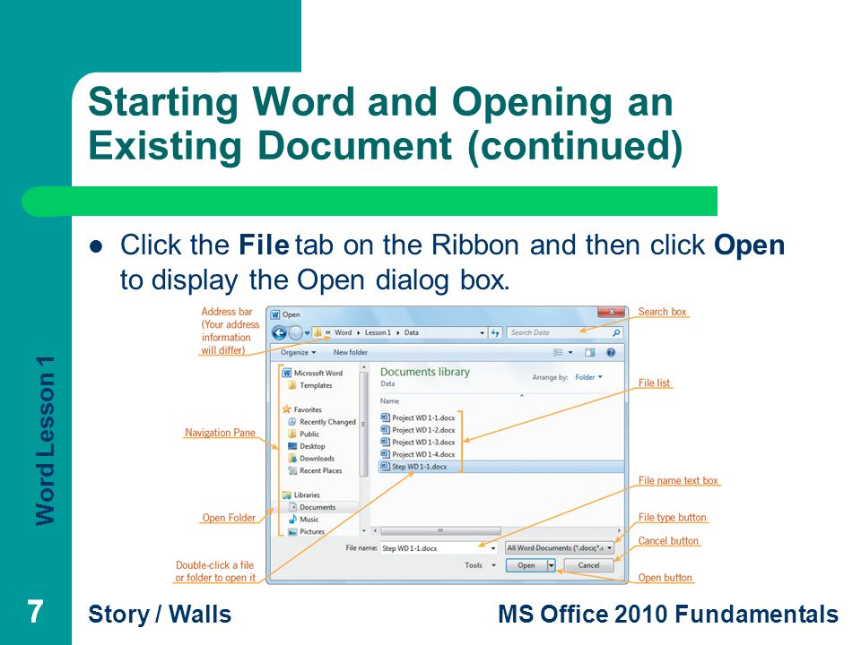 Starting Word and Opening an Existing Document (continued)