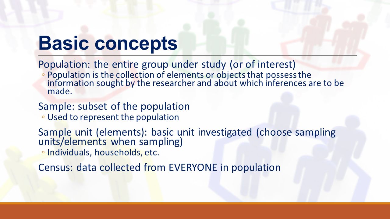 Basic concepts Population: the entire group under study (or of interest)