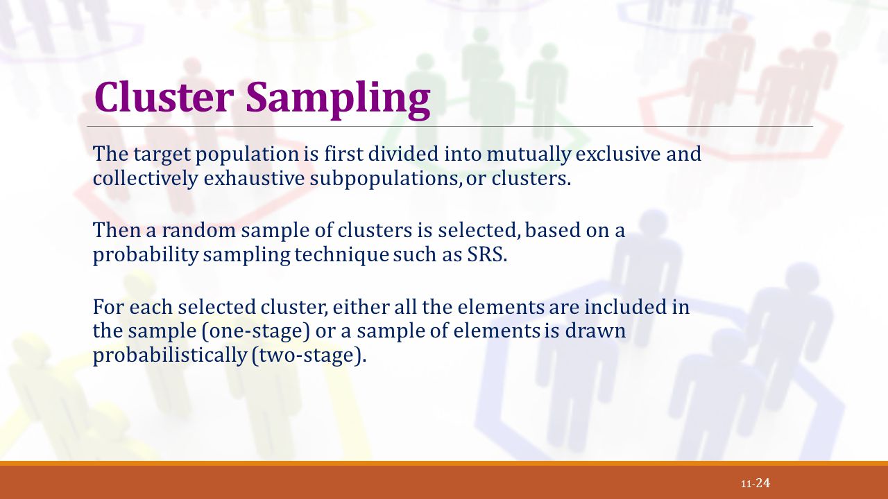 Cluster Sampling The target population is first divided into mutually exclusive and collectively exhaustive subpopulations, or clusters.