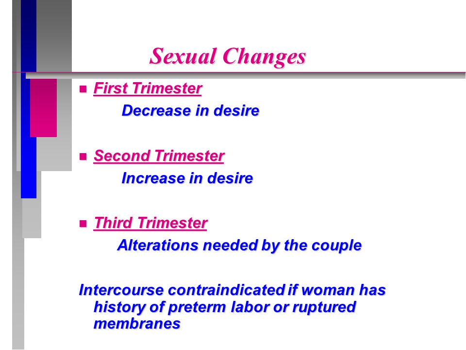 Sexual Changes First Trimester Decrease in desire Second Trimester