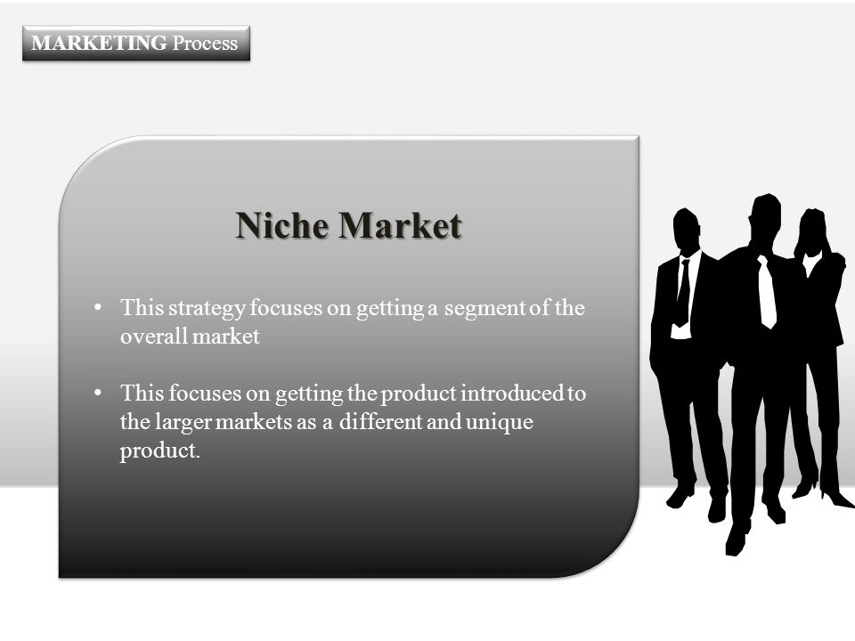 MARKETING Process Niche Market. This strategy focuses on getting a segment of the overall market.