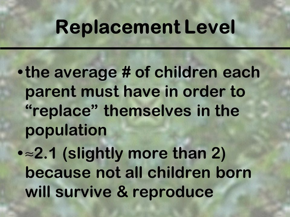 Replacement Level the average # of children each parent must have in order to replace themselves in the population.