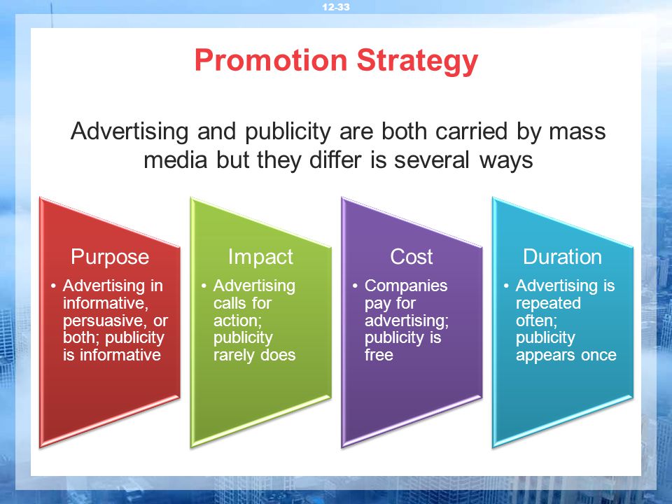 Promotion Strategy Advertising and publicity are both carried by mass media but they differ is several ways.
