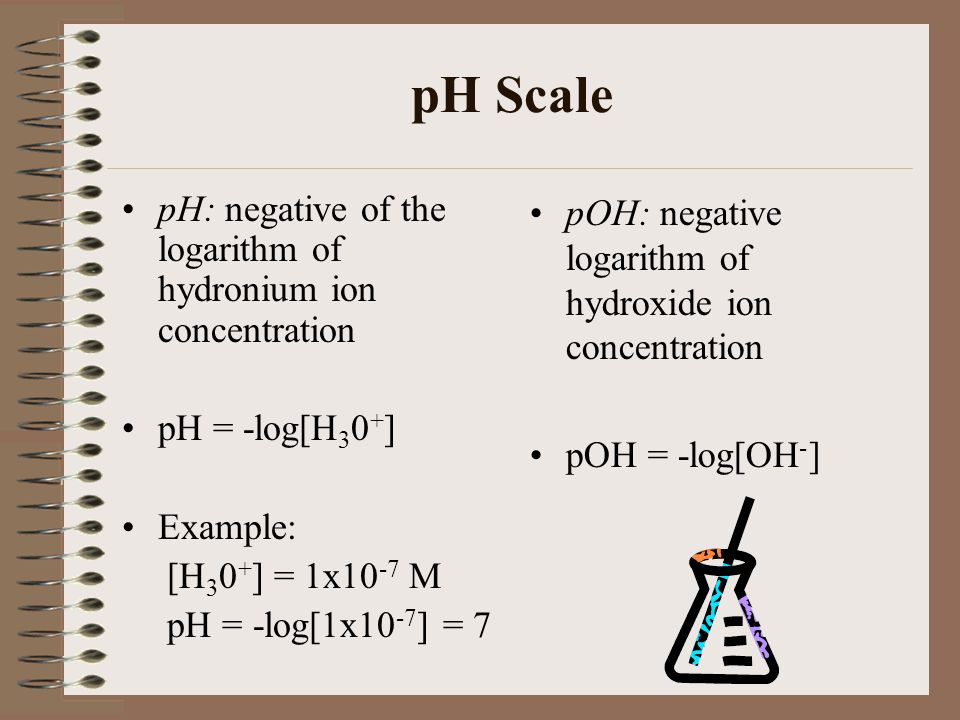 pH Scale pH: negative of the logarithm of hydronium ion concentration