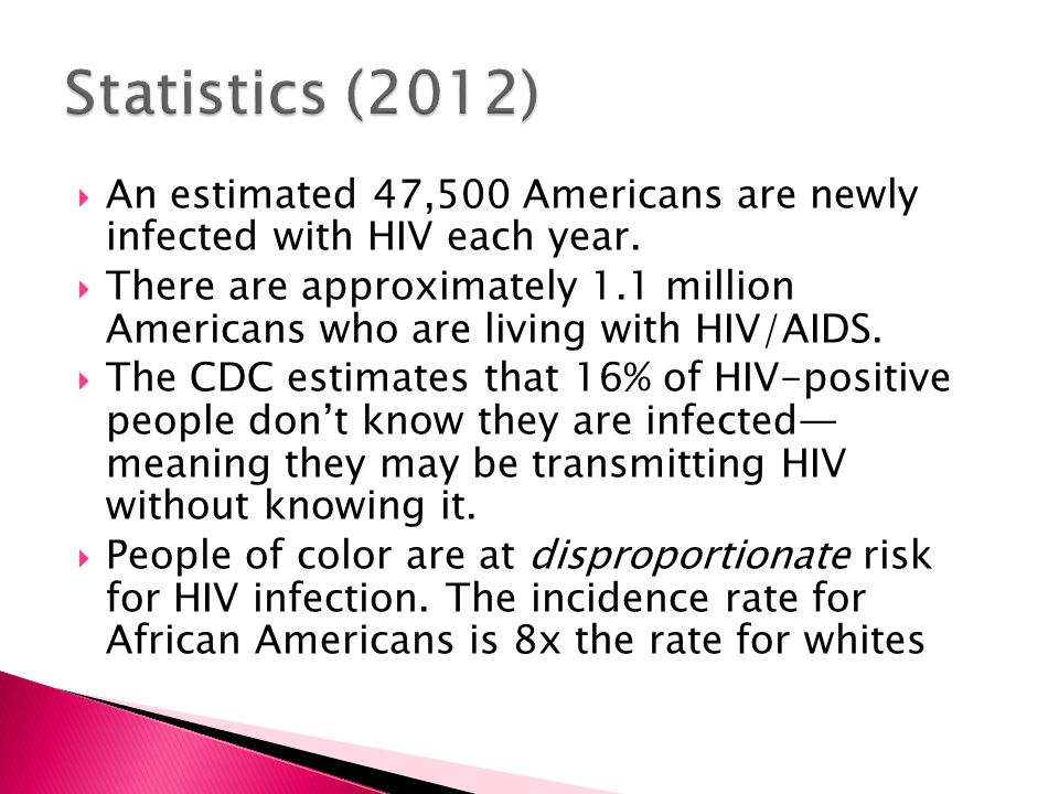 Statistics (2012) An estimated 47,500 Americans are newly infected with HIV each year.