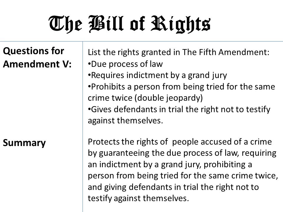 The Bill of Rights Questions for Amendment V: Summary