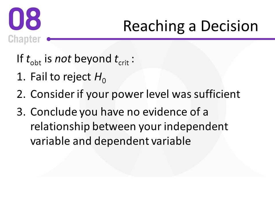 Reaching a Decision If tobt is not beyond tcrit : Fail to reject H0