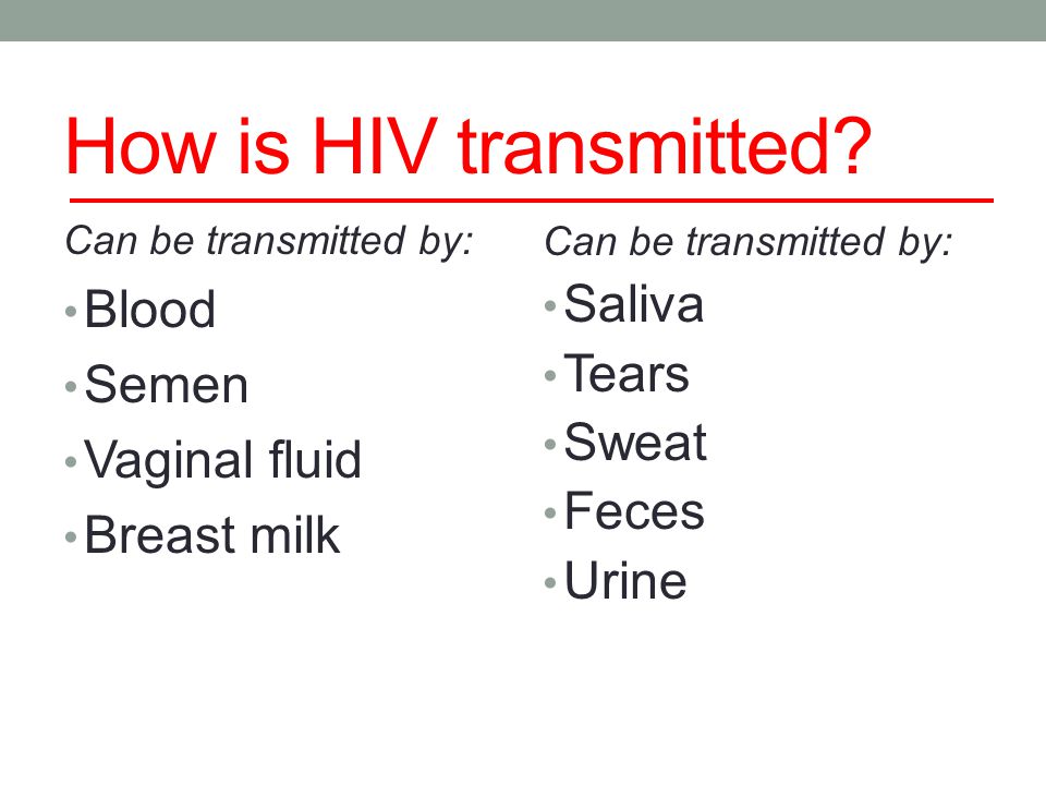 How is HIV transmitted Blood Saliva Semen Tears Sweat Vaginal fluid
