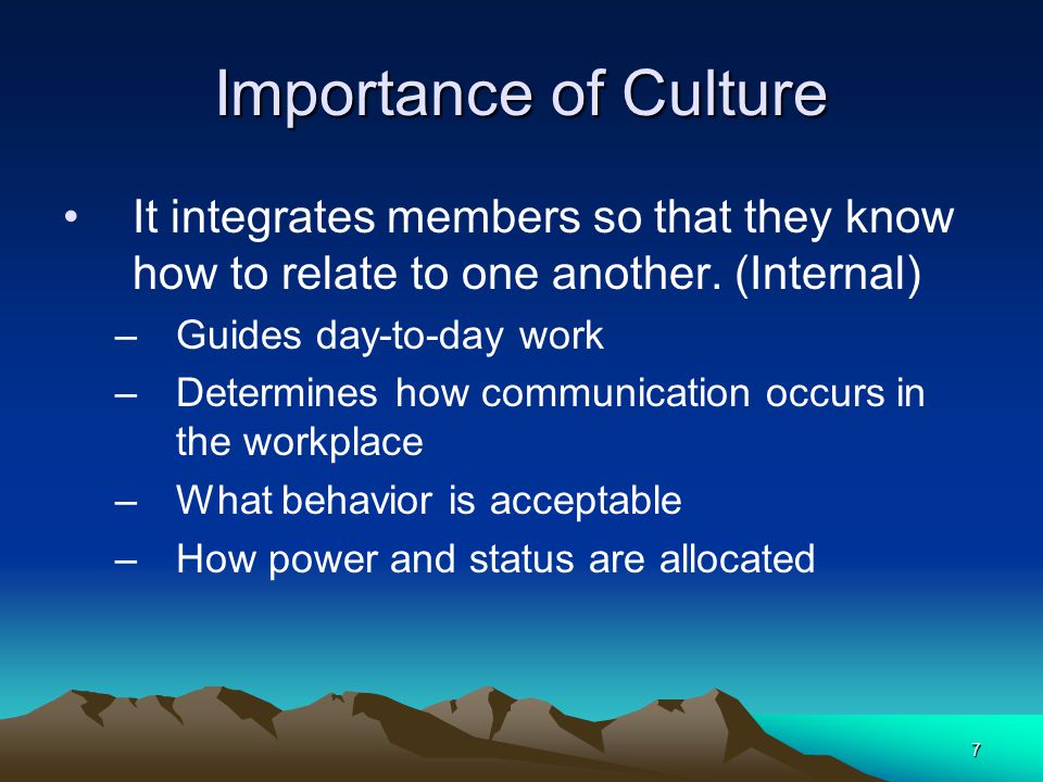Importance of Culture It integrates members so that they know how to relate to one another. (Internal)
