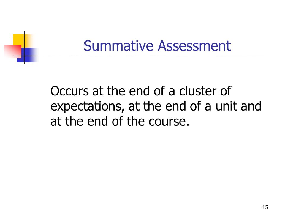 Summative Assessment Occurs at the end of a cluster of expectations, at the end of a unit and at the end of the course.